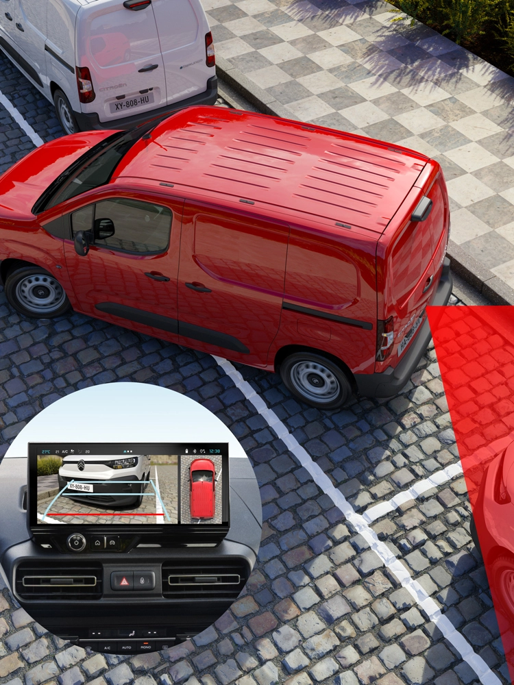 Vista posteriore di Berlingo Van con telecamera di retromarcia, che mostra l’area dietro il veicolo durante le manovre di parcheggio.