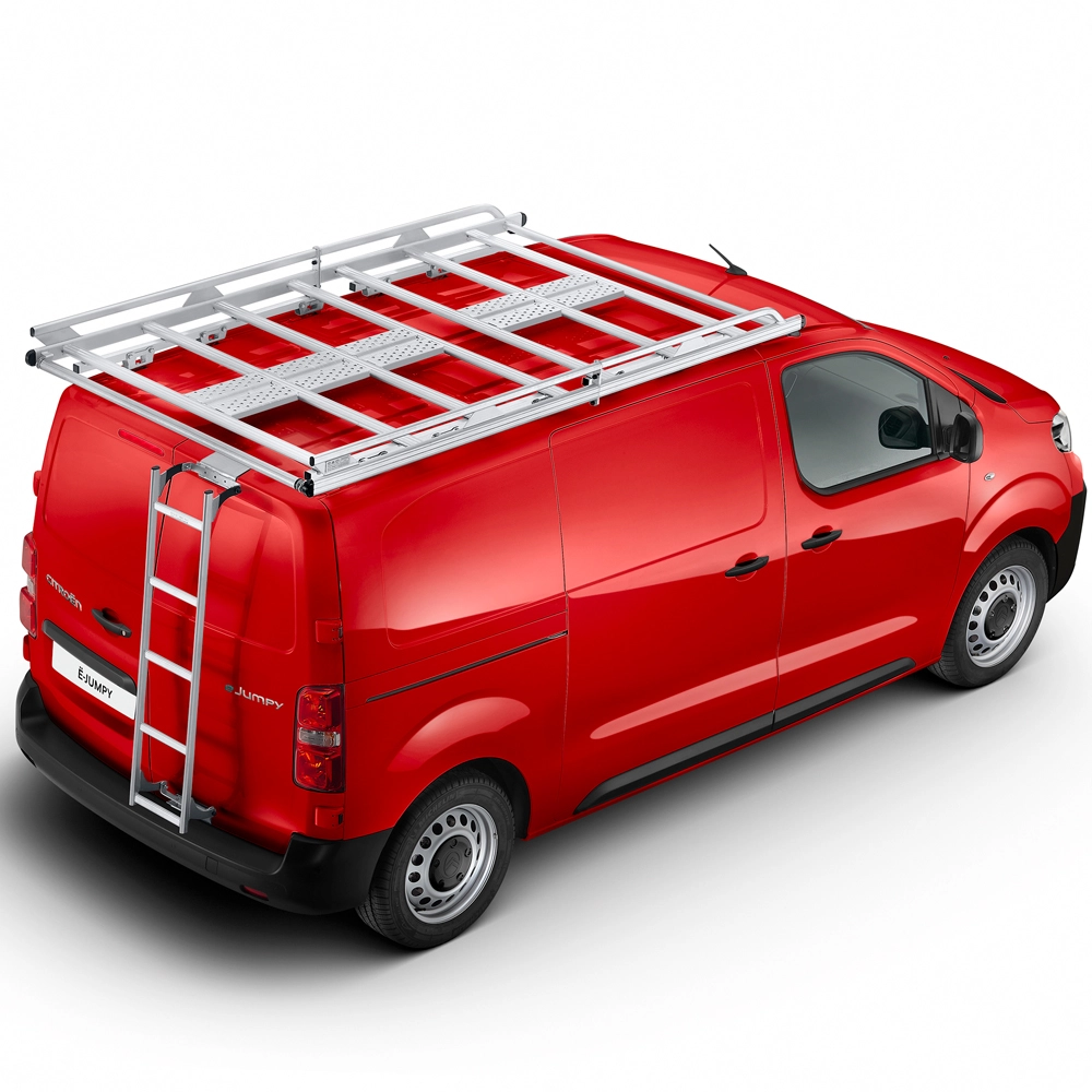 Vista esterna dall’alto di Citroën Jumpy rosso equipaggiato con scala di accesso al tetto in alluminio, che mette in evidenza soluzioni pratiche per il trasporto del carico e tutta la sua versatilità professionale.