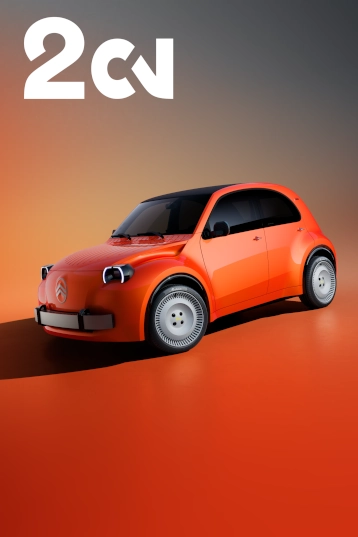 Vista tre quarti anteriore di Citroën 2CV Concept, che reinterpreta in chiave moderna il design iconico di un modello leggendario