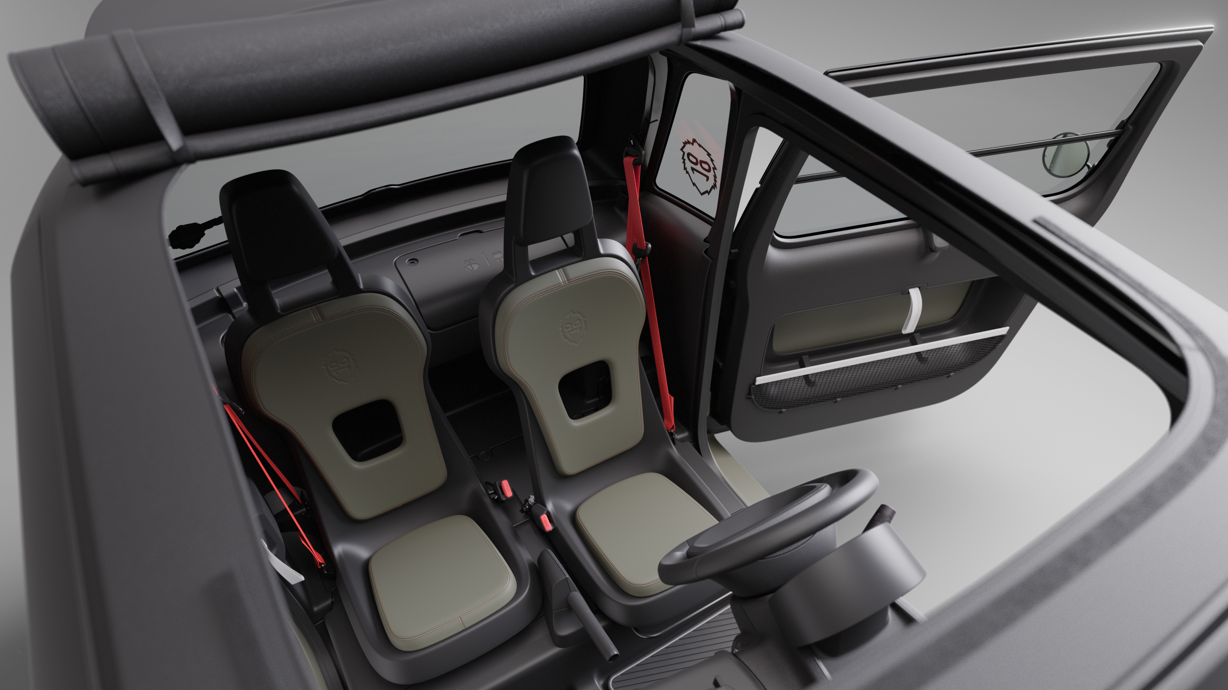 Vista dall’alto degli interni della Citroën Ami Outdoor con abitacolo aperto e tetto apribile, una microcar elettrica di facile accesso