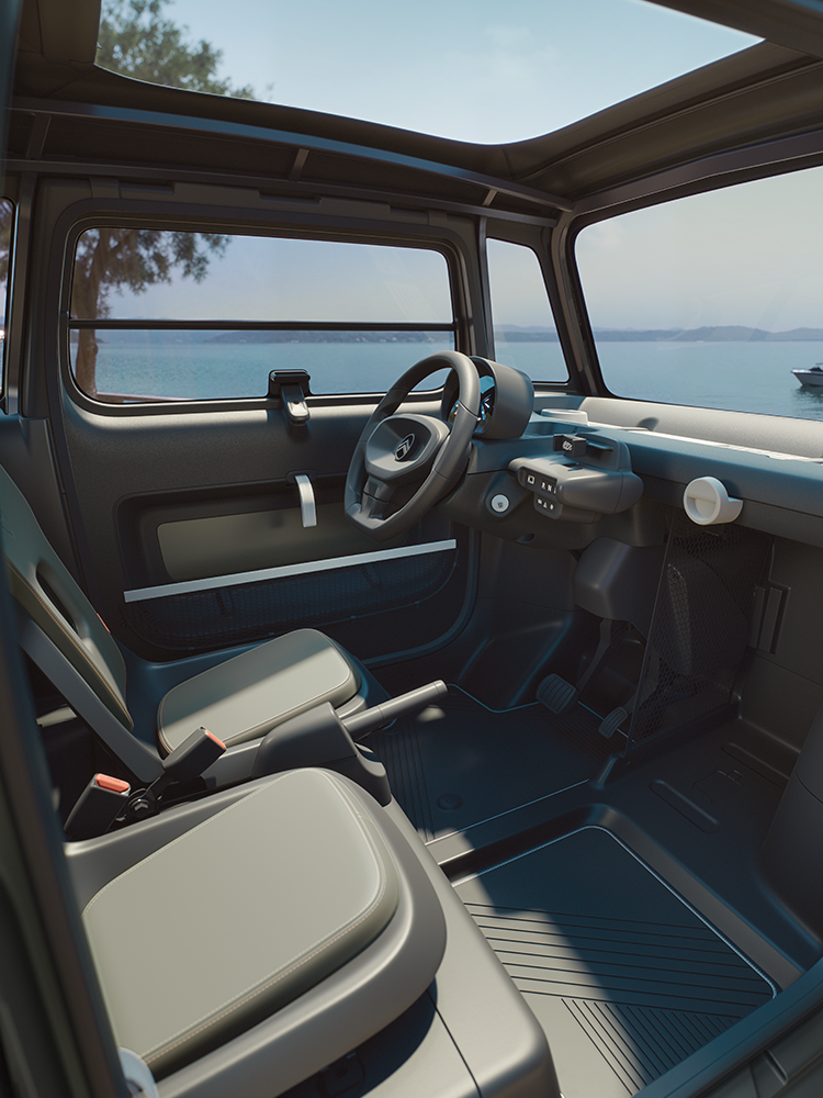 Vista degli interni e dei dettagli della Citroën Ami Outdoor con abitacolo aperto e sedili, una microcar elettrica dallo stile unico