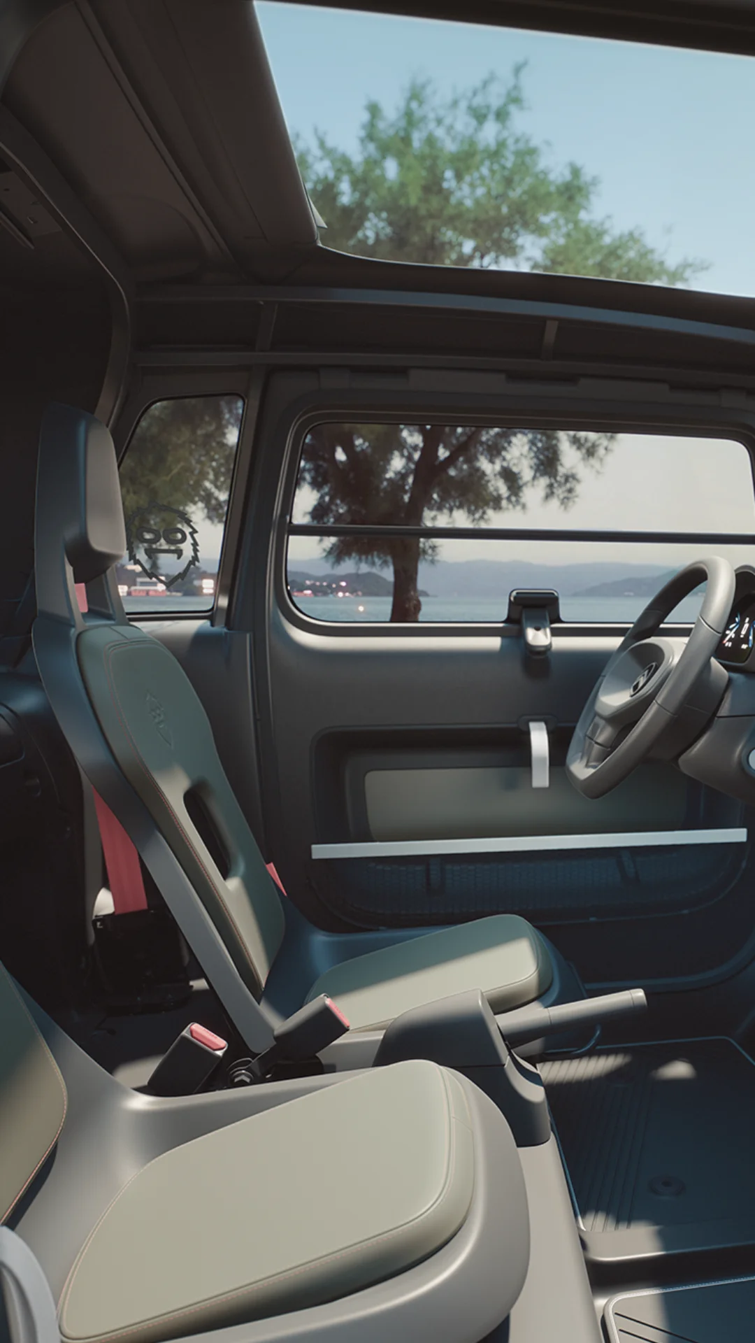 Vista degli interni della Citroën Ami Outdoor con abitacolo aperto e tetto apribile, una microcar elettrica per le avventure all’aria aperta