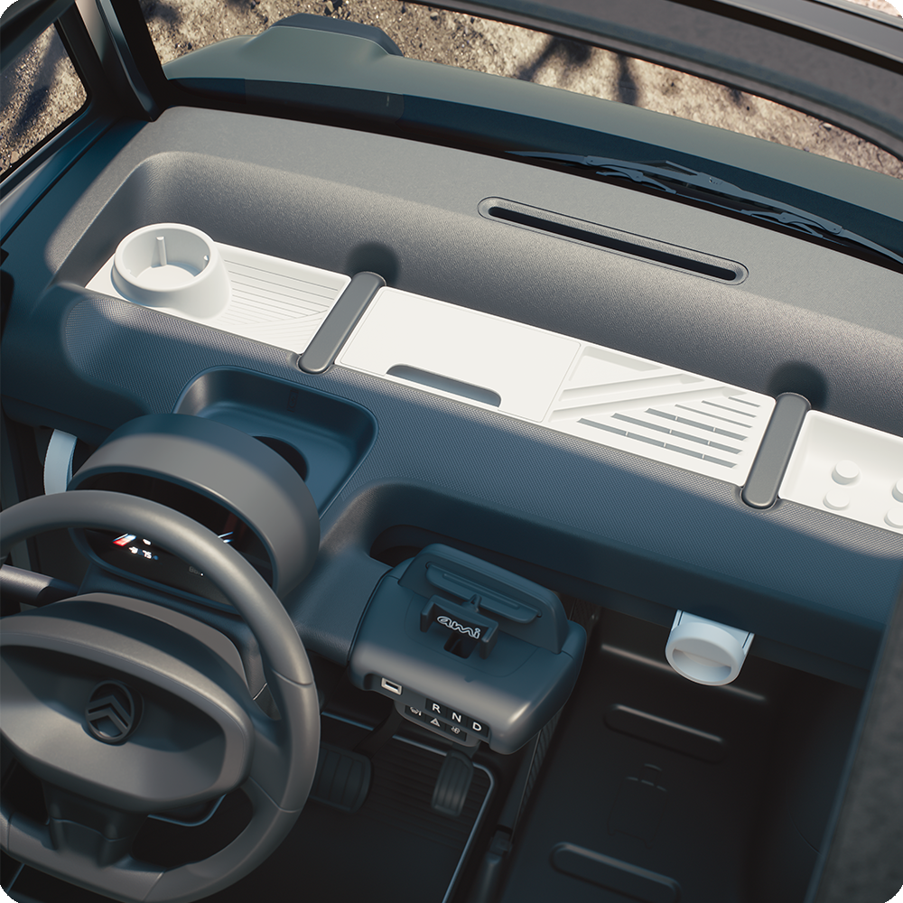 Vista dall’alto degli interni della Citroën Ami Outdoor con tetto aperto, una microcar elettrica pensata per una mobilità semplice