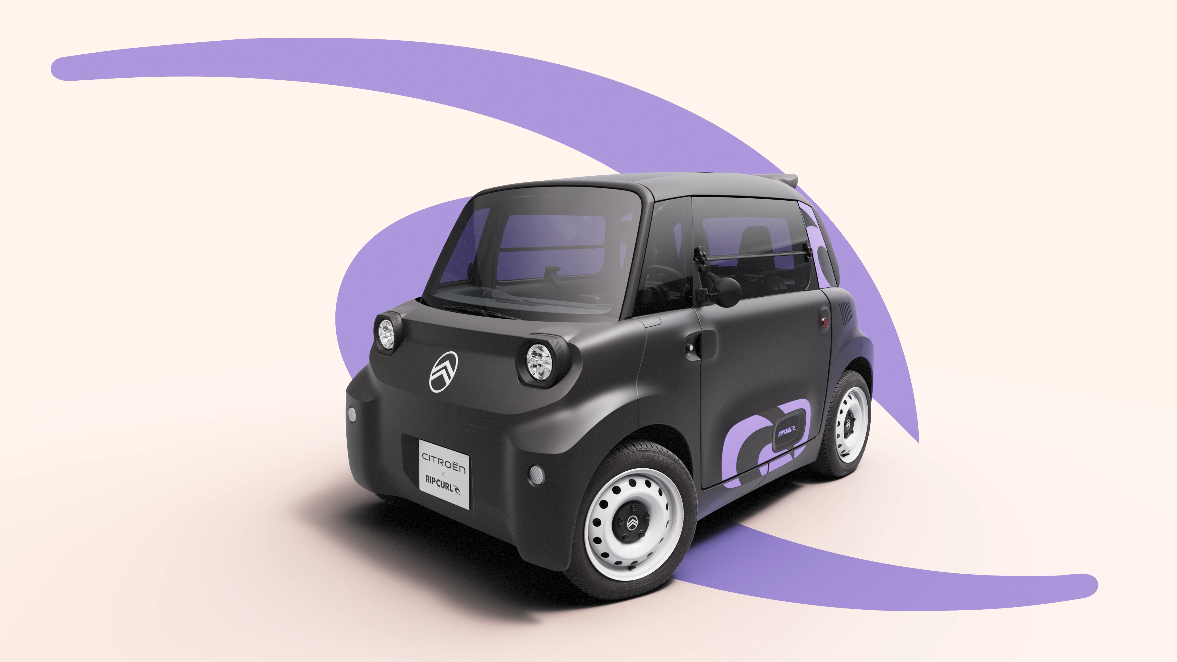 Vista frontale tre quarti Citroën Ami x Rip Curl elettrica senza patente, Citroën Ami compatta per mobilità urbana elettrica