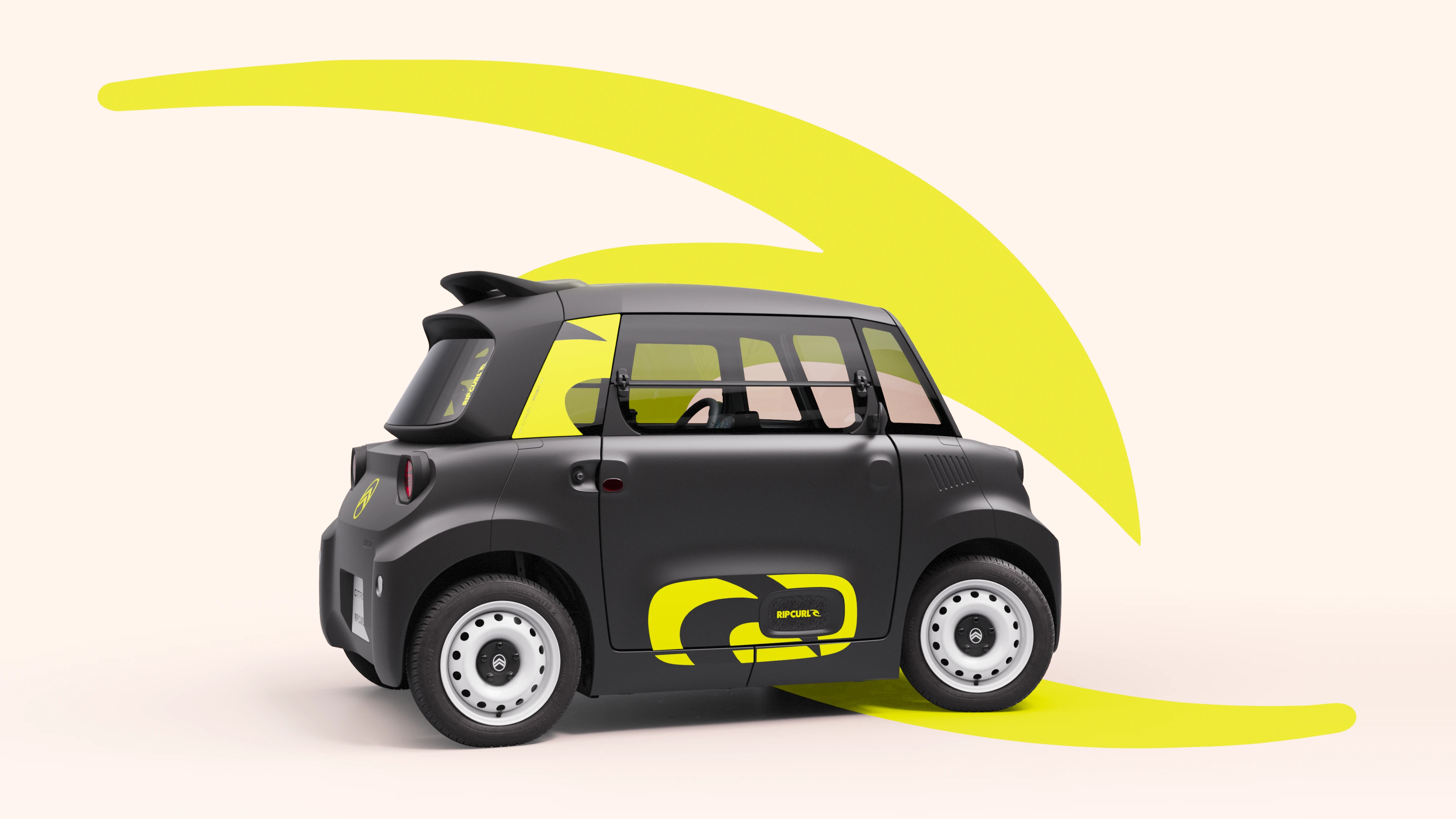 Vista laterale Citroën Ami x Rip Curl elettrica senza patente, Citroën Ami compatta per mobilità urbana elettrica