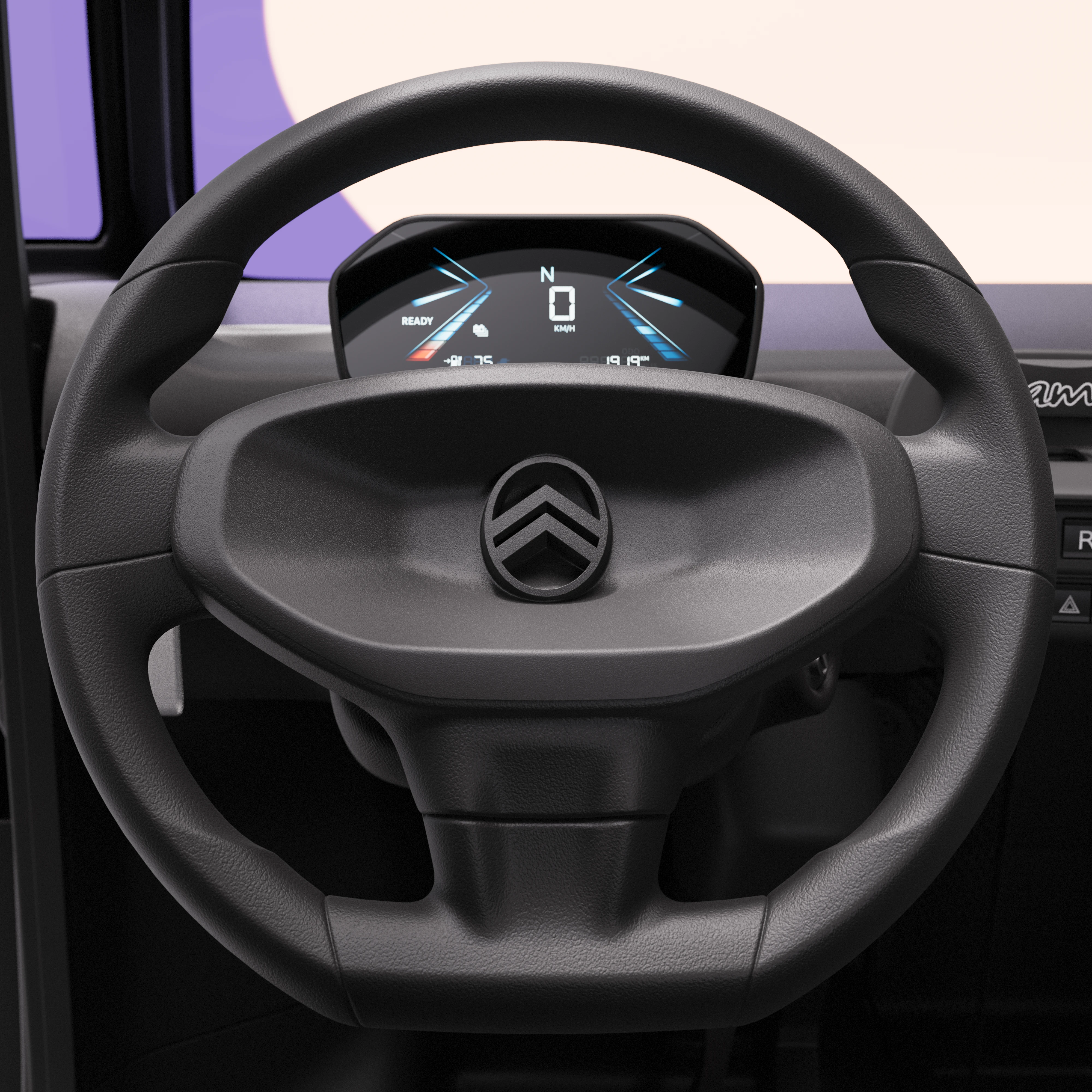Vista ravvicinata del volante Citroën Ami x Rip Curl elettrica senza patente, Citroën Ami abitacolo di guida per auto elettrica urbana