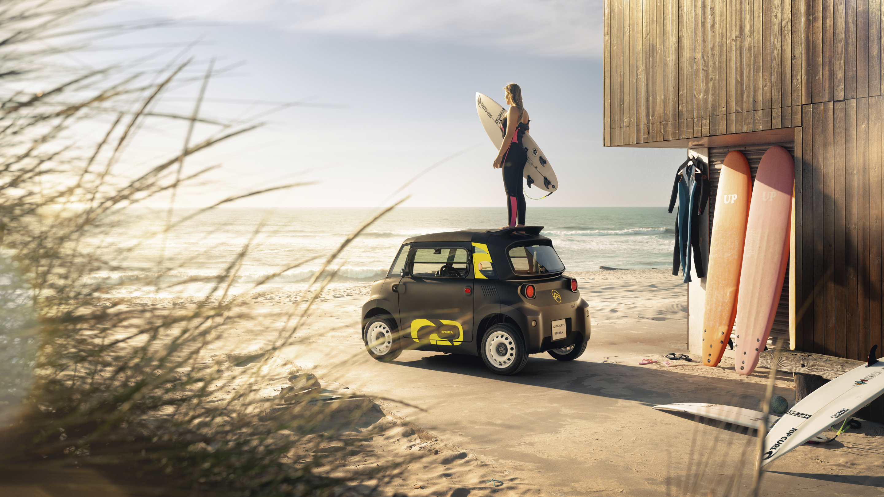 Vista lifestyle posteriore in spiaggia Citroën Ami x Rip Curl elettrica senza patente, Citroën Ami libertà surf per auto elettrica urbana