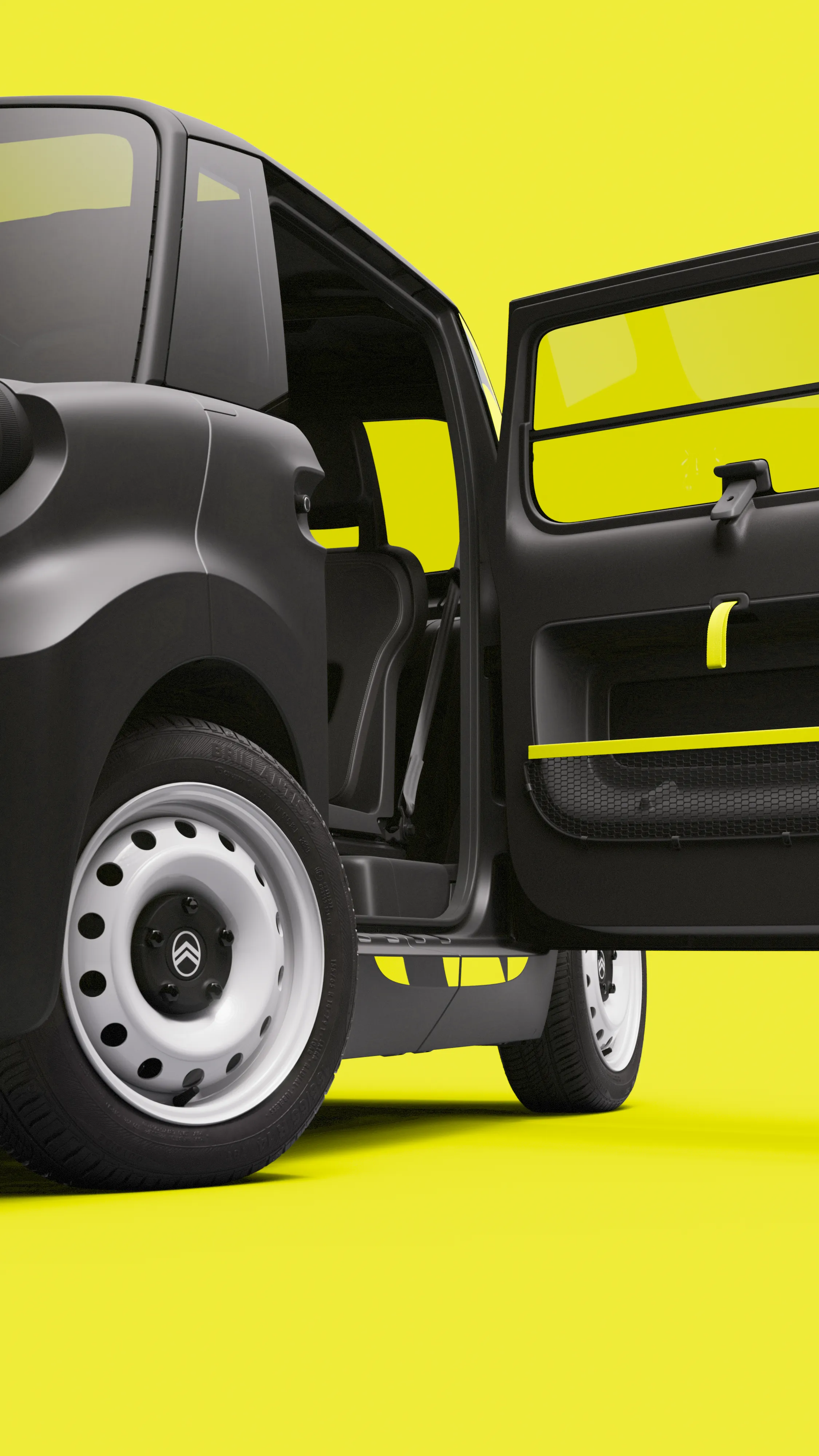 Vista posteriore laterale con portiera aperta Citroën Ami x Rip Curl elettrica senza patente, Citroën Ami accesso facilitato per auto elettrica urbana