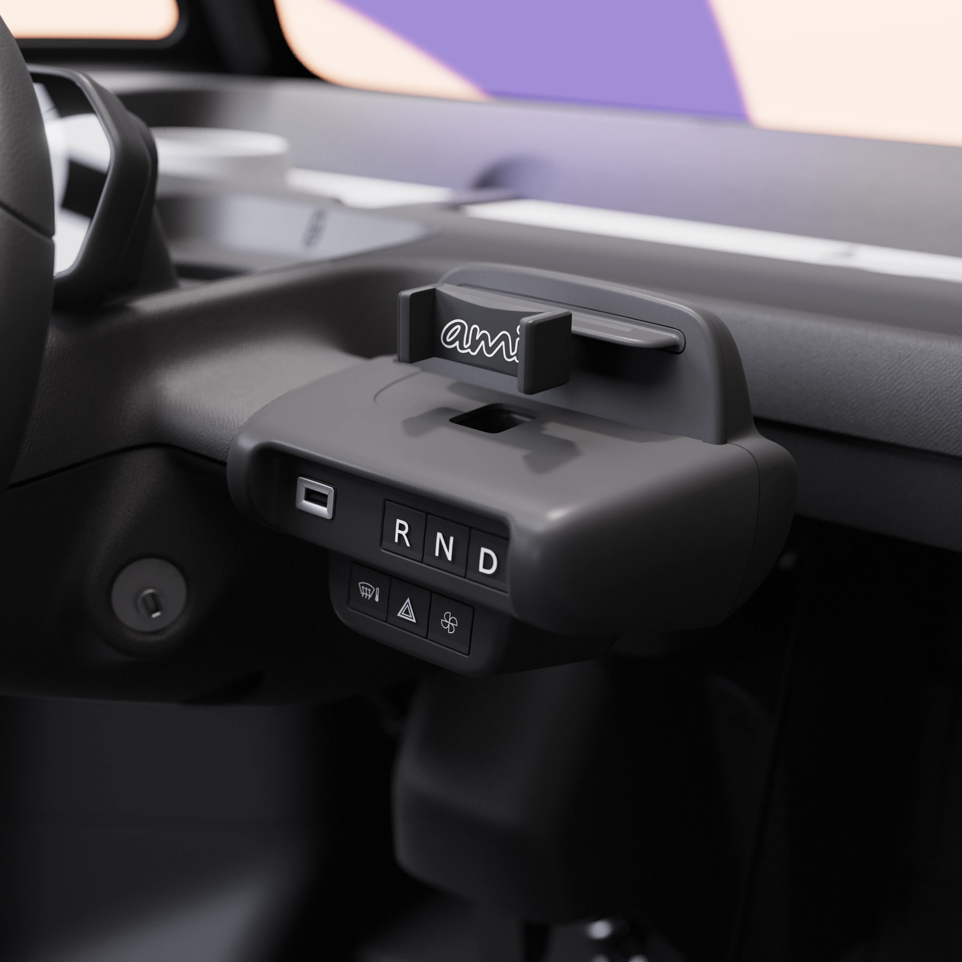 Vista ravvicinata della console centrale Citroën Ami x Rip Curl elettrica senza patente, Citroën Ami comandi semplici per auto elettrica urbana