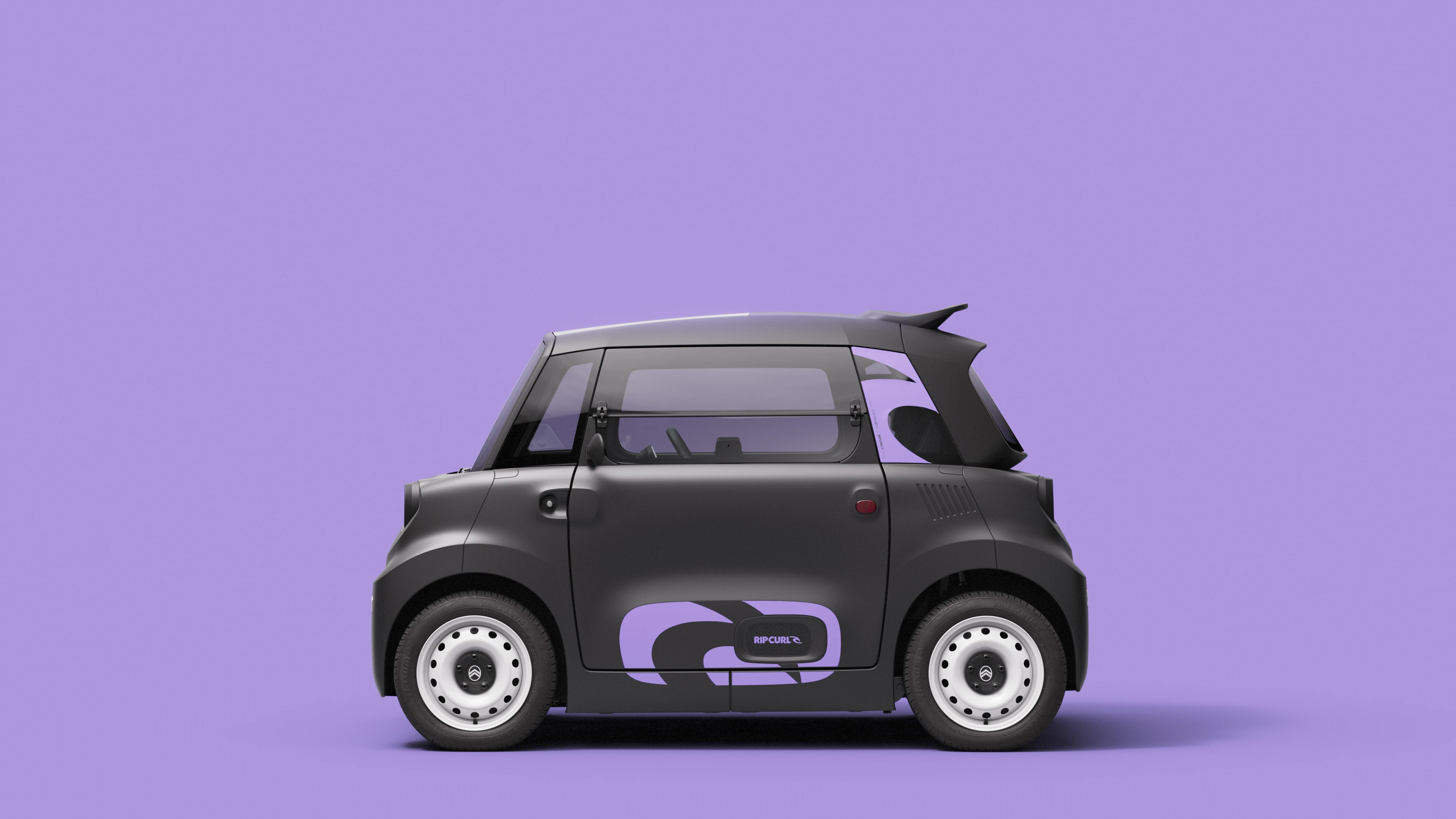 Vista laterale Citroën Ami x Rip Curl elettrica senza patente, Citroën Ami design compatto per auto elettrica urbana
