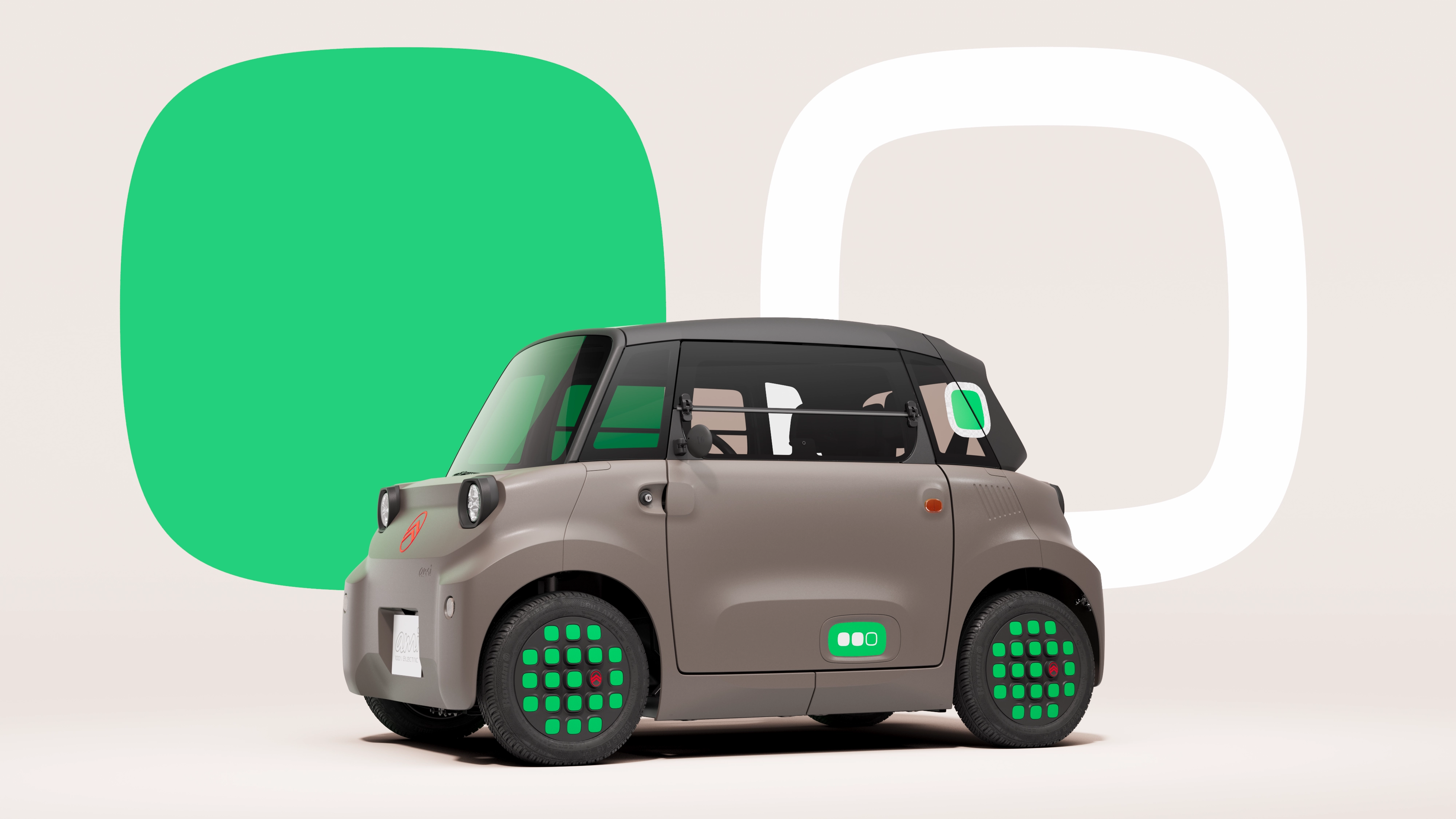 Vista laterale di Citroën Ami Minty, dal design elettrico compatto, sicuro e affidabile, pensato per una mobilità urbana innovativa e libera.