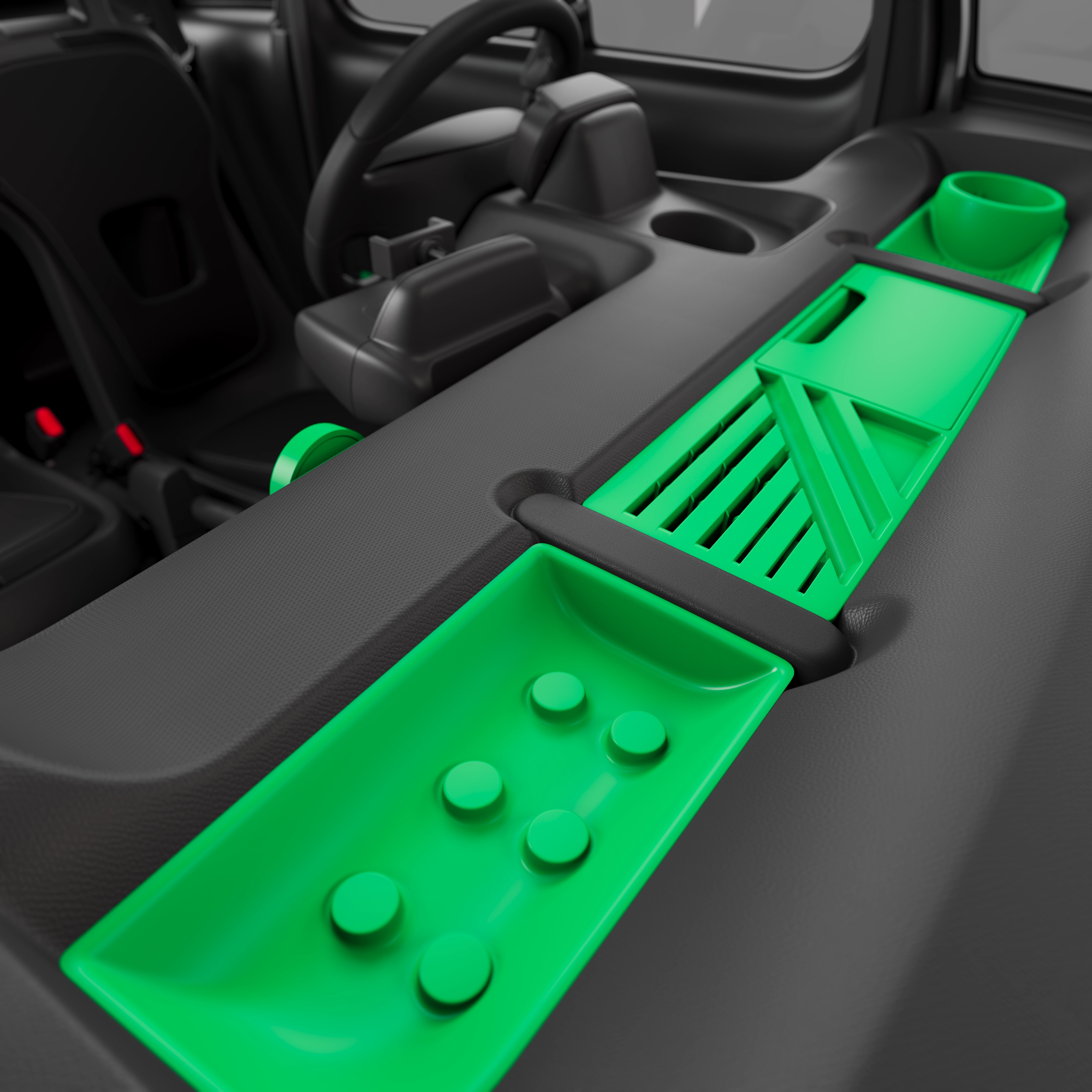 Vista ravvicinata degli interni di Citroën Ami Minty, che mette in evidenza un sistema di stivaggio compatto e 100% elettrico, sicuro e affidabile, pensato per una nuova libertà urbana.
