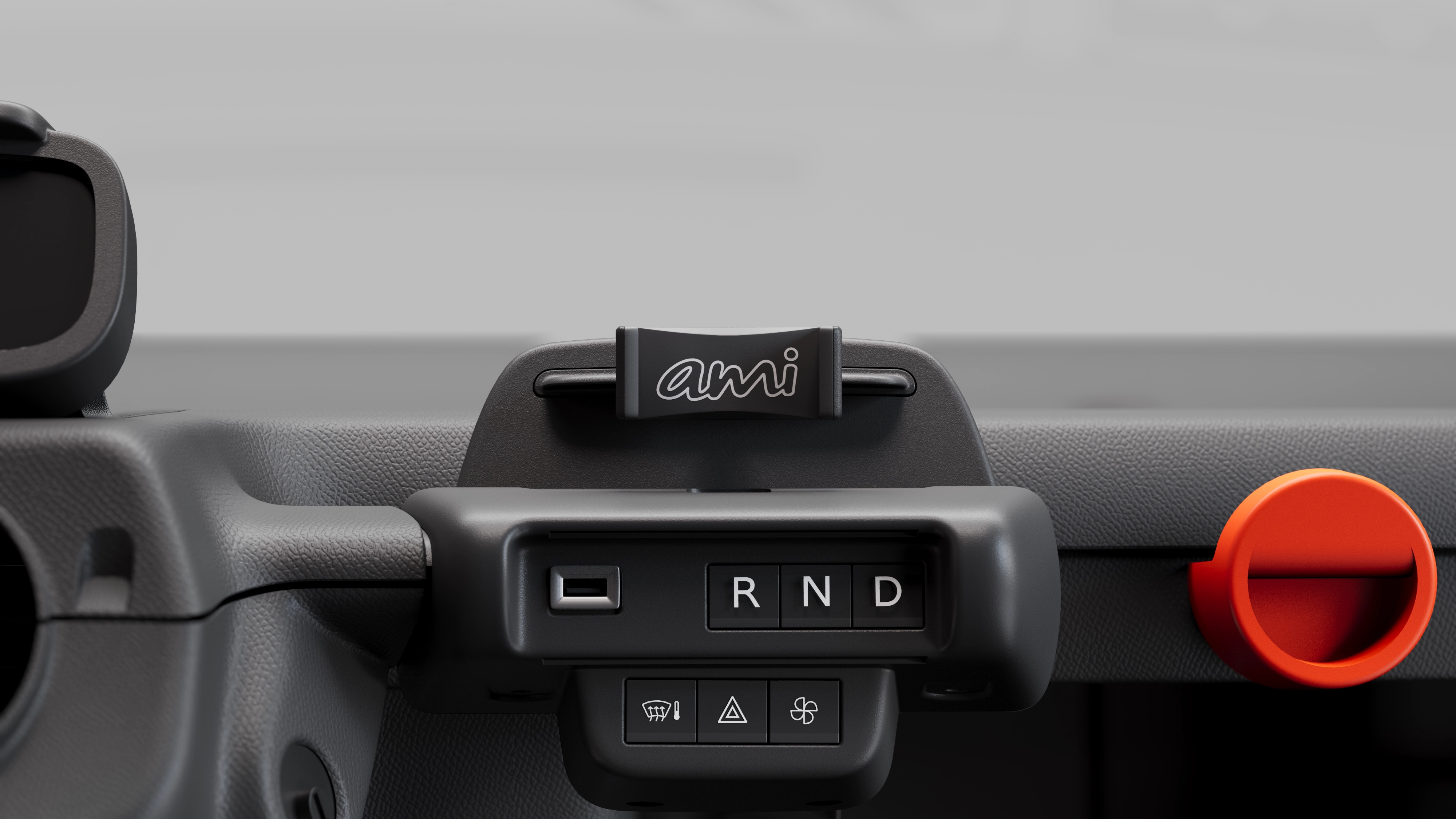 Vista ravvicinata del cruscotto di Citroën Ami Spicy, con comandi elettrici compatti, sicuri e affidabili, pensati per una guida urbana più semplice e libera.