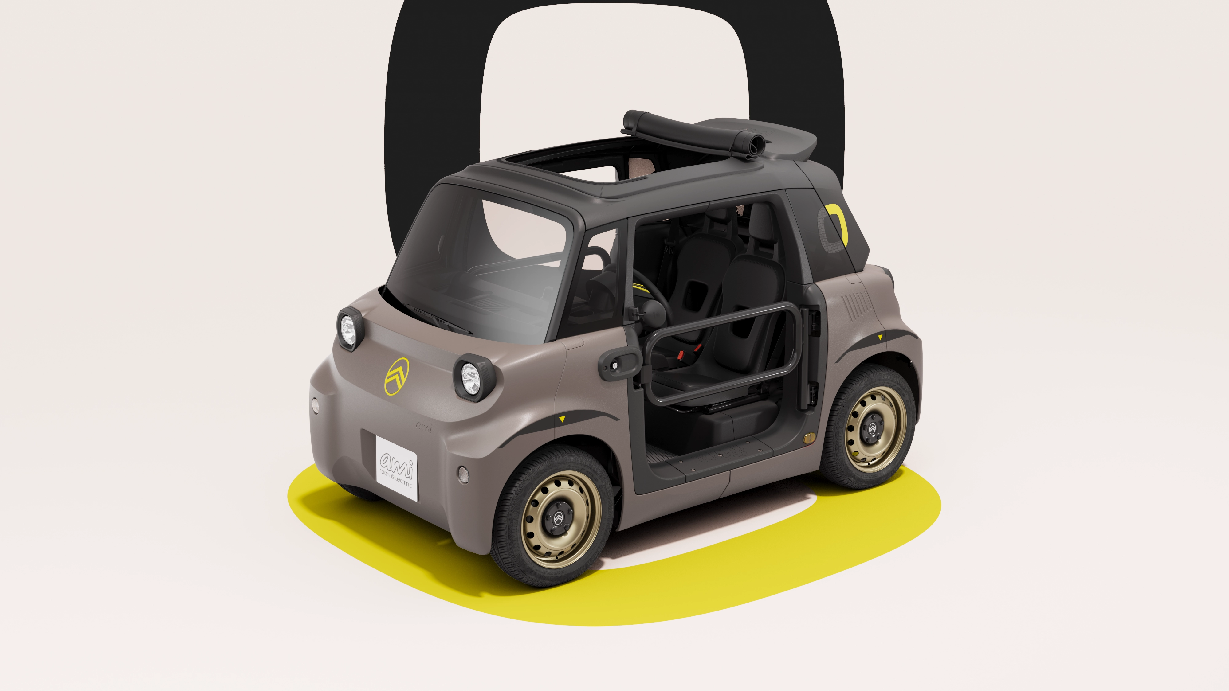Vista frontale a tre quarti di Citroën Ami Buggy e del suo design compatto, sicuro e affidabile in versione open, per una libertà urbana innovativa.