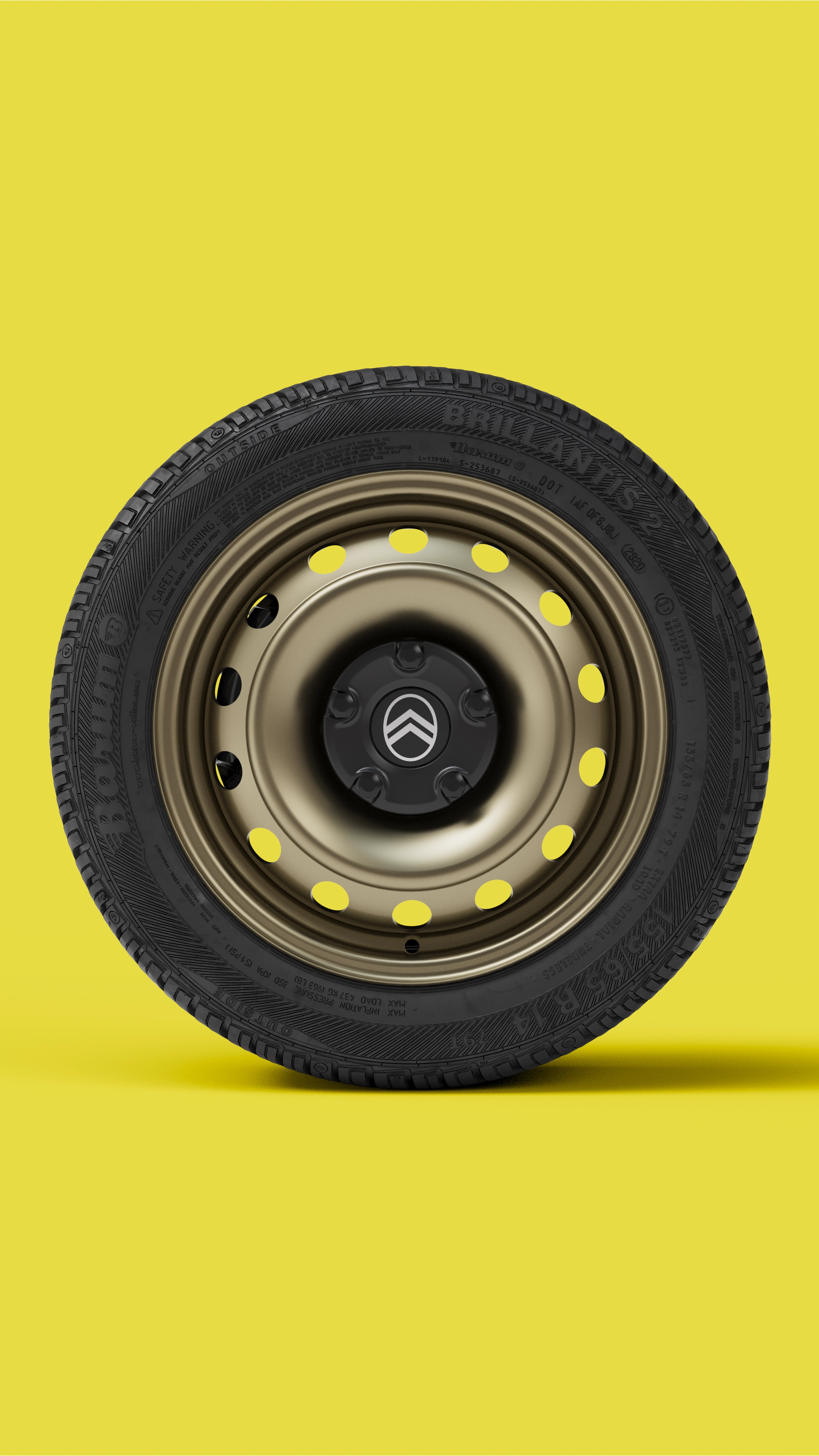 Vista frontale della ruota di Citroën Ami Buggy che evidenzia un design resistente, sicuro e affidabile, pensato per una guida libera e disinvolta.