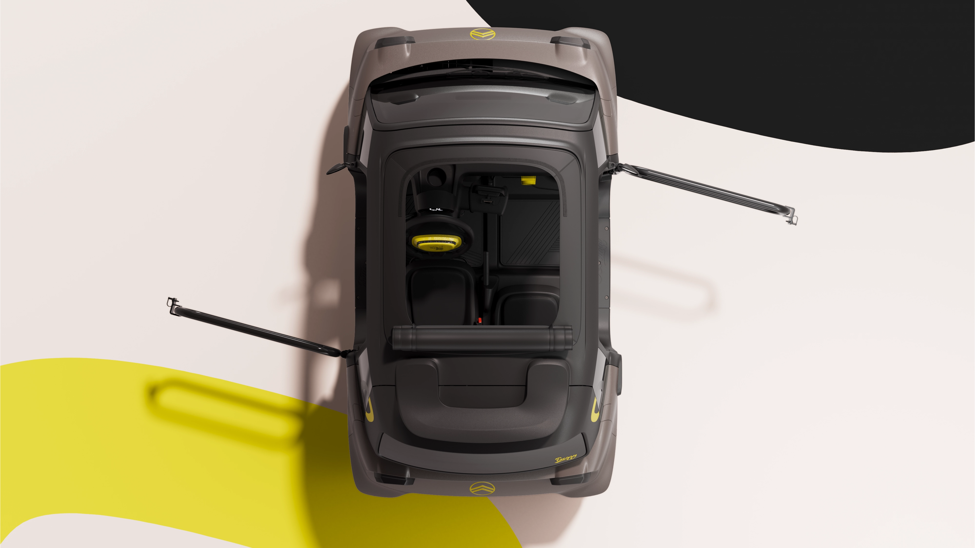 Vista dall’alto di Citroën Ami Buggy che mette in evidenza un design elettrico compatto e aperto, sicuro e affidabile, pensato per muoversi con libertà.