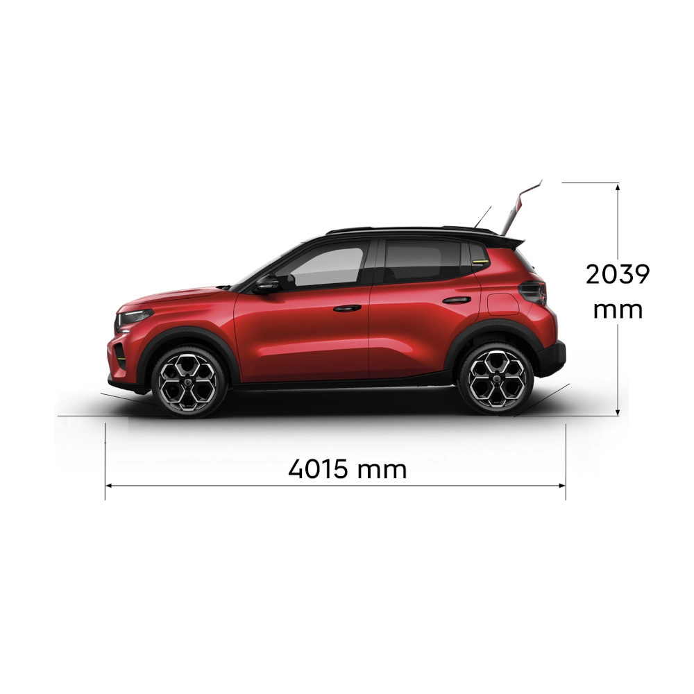 Vista multi-angolare di Citroën C3 che evidenzia le dimensioni esterne e la capacità del bagagliaio, per una mobilità pratica, versatile e accessibile.