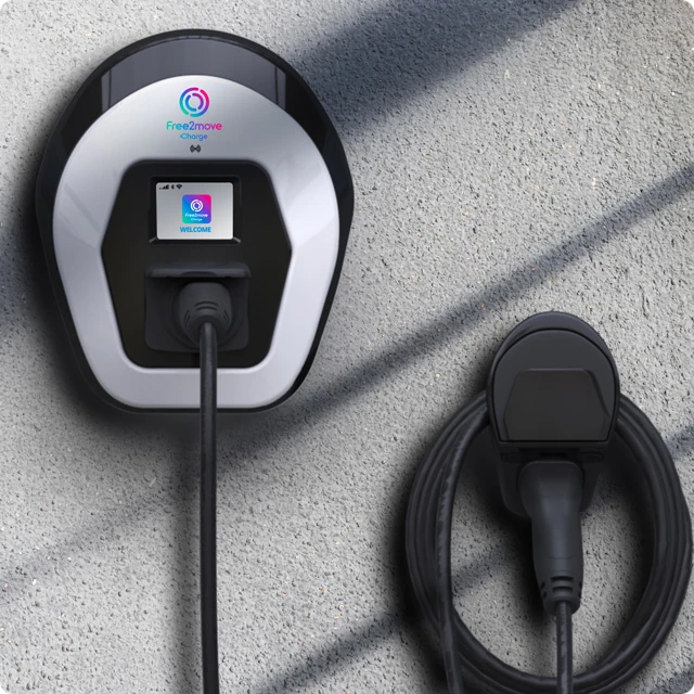 Close‑up view of a home wallbox charger showing simple and convenient charging for Citroën ë‑Berlingo Van.