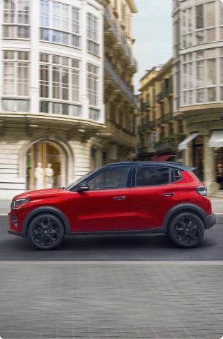 Vista frontale laterale a tre quarti della Citroën C3 compact SUV che mostra il design urbano moderno per una mobilità fluida, sicura e conveniente.