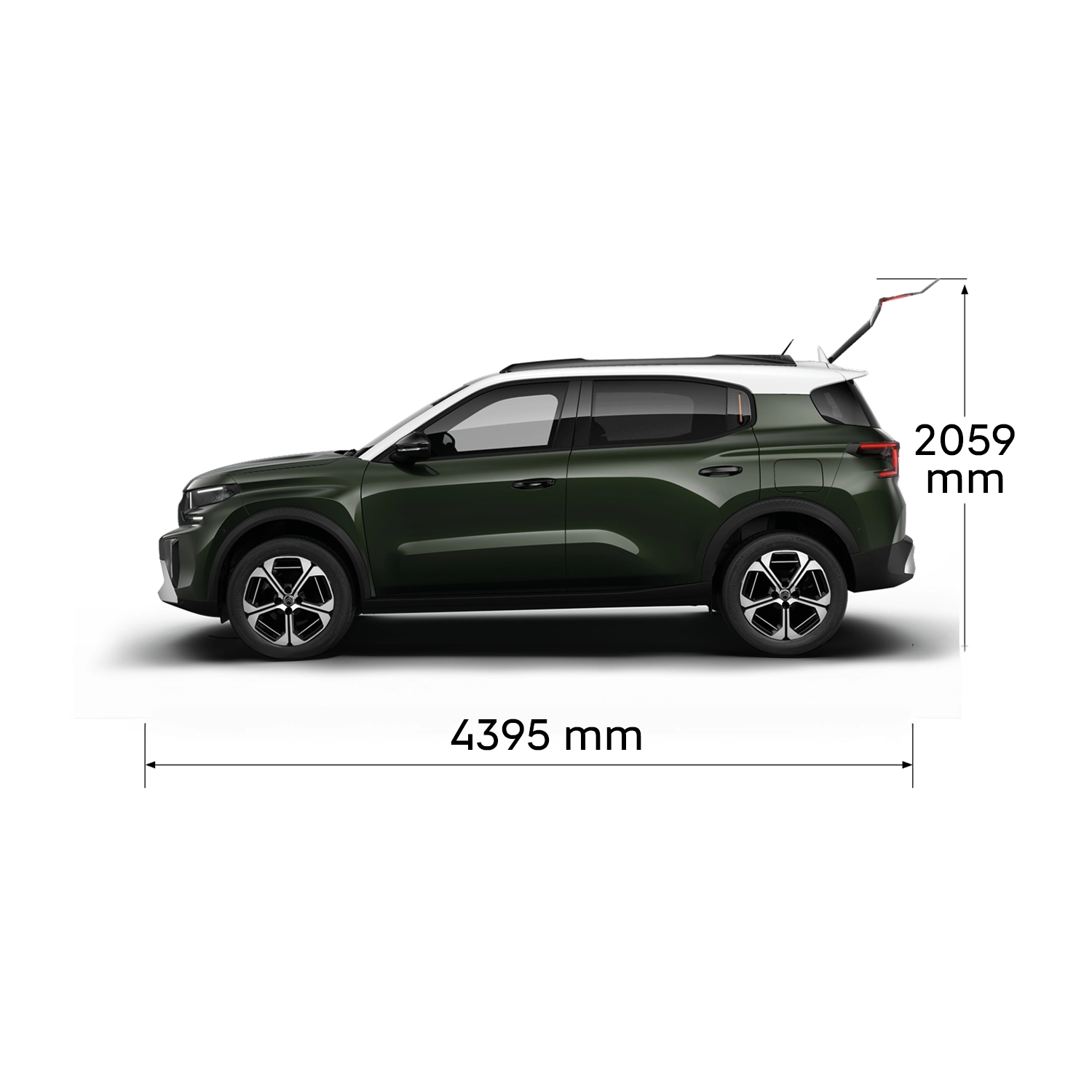Vista multi-angolare di Citroën ë-C3 Aircross che mostra full exterior dimensions e interior volumes per una mobilità pratica e accessibile.