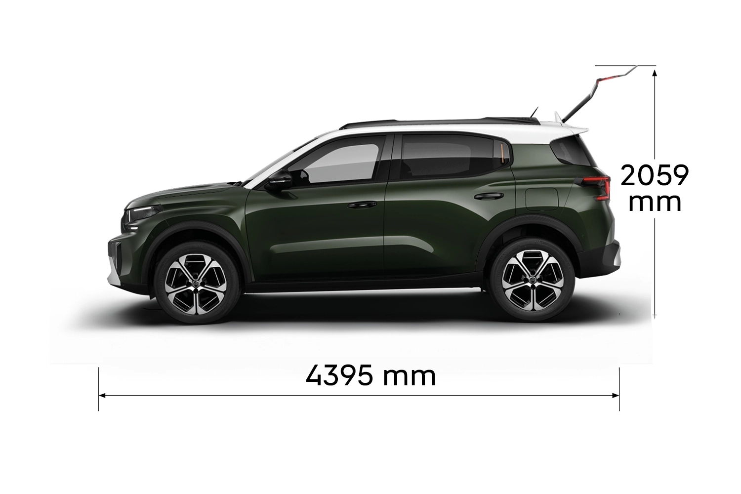 Vista multiangolo di Citroën C3 Aircross che mostra le dimensioni esterne complete e le capacità di volume interno, per una mobilità pratica e funzionale.