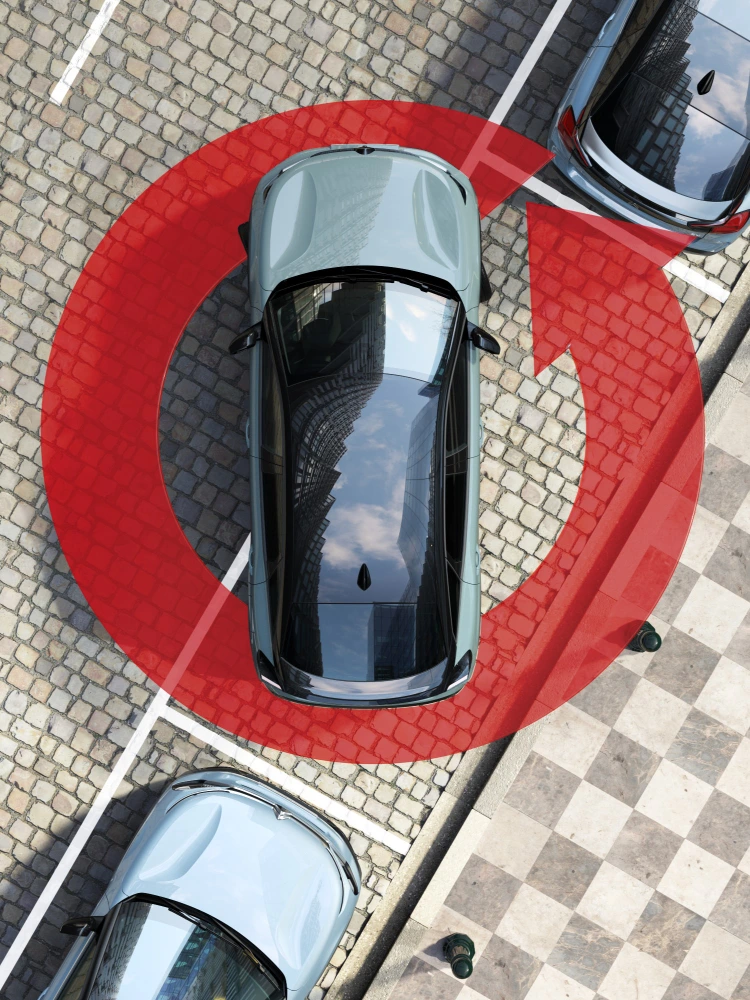 Vista dall’alto di ë-C4 che mette in risalto il sistema Vision 360°, la visibilità, la sicurezza e la tecnologia, per un’esperienza di manovra premium e serena.