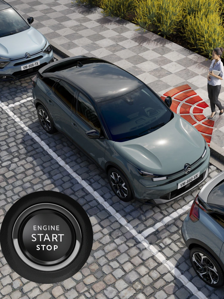 Vista dall'alto del Berlingo Kiama Blue con accesso keyless che mostra sicurezza, tecnologia, comfort e un accesso senza sforzo sicuro