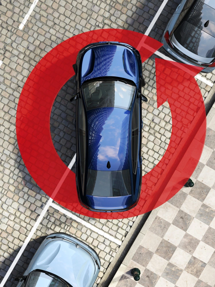 Vista dall'alto della Citroën ë-C4 X con telecamera 360° che mostra l'ambiente circostante completo per manovre semplici