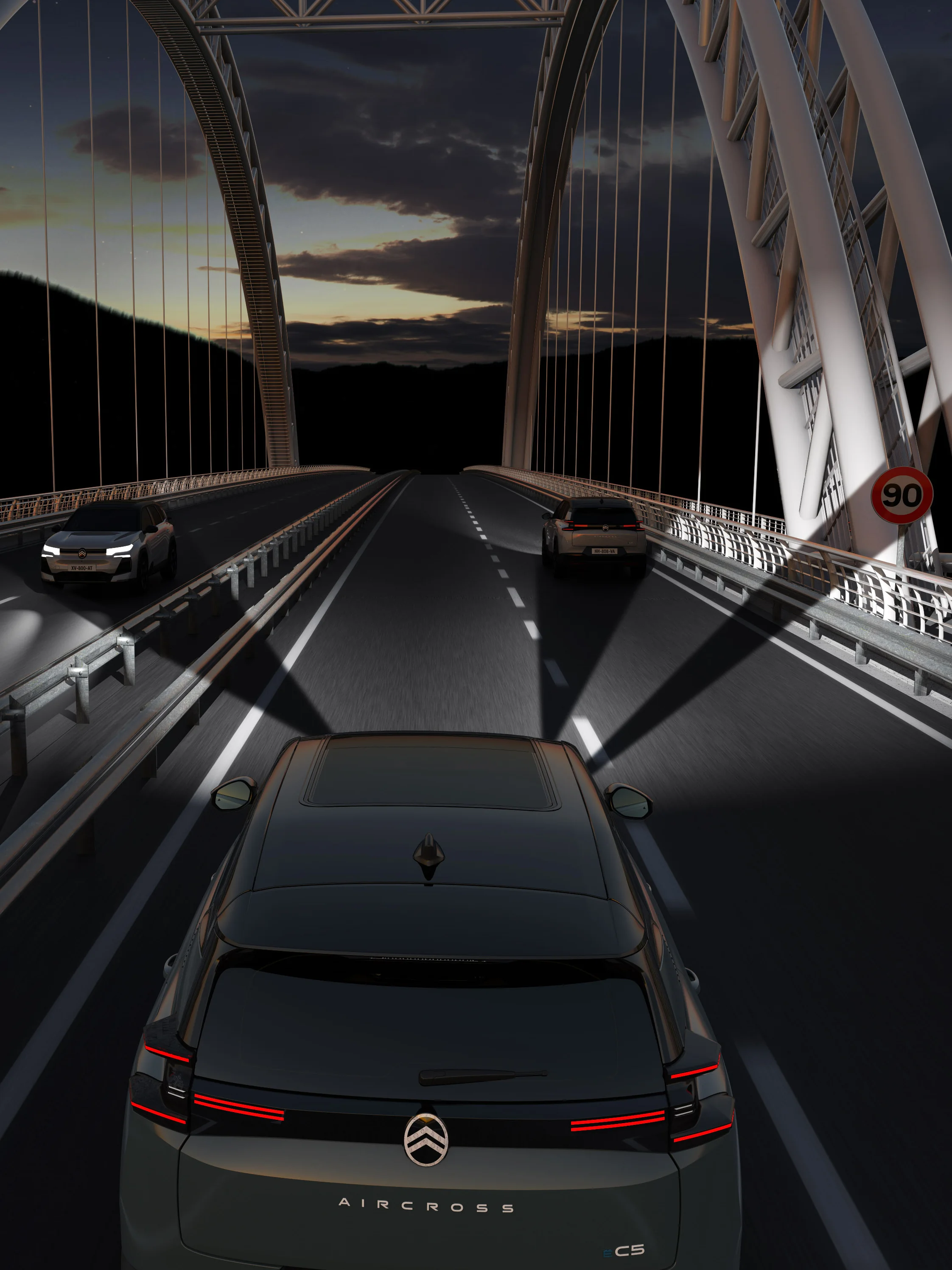 Vista posteriore della C5 Aircross che mette in evidenza i fari Matrix LED, la visibilità, la sicurezza e la tecnologia per una guida notturna serena