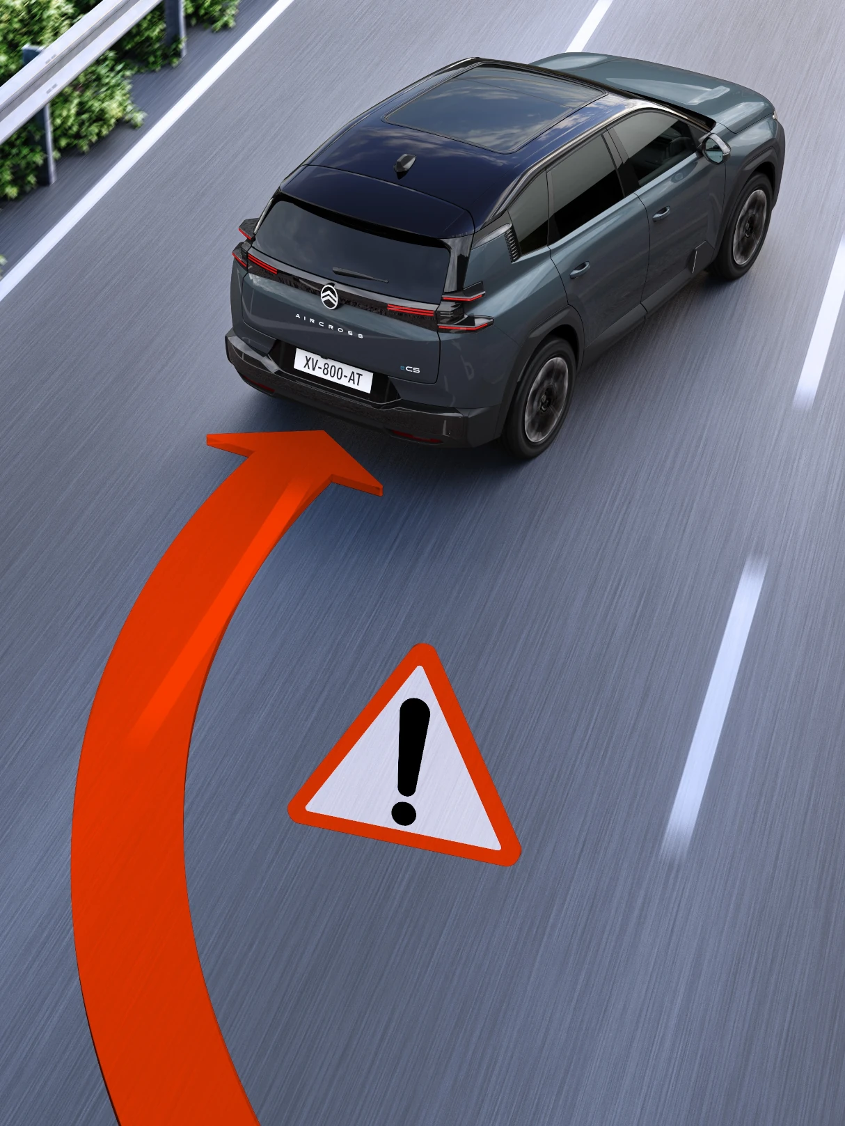 Vista posteriore di tre quarti della C5 Aircross con Lane Departure Warning che migliora la sicurezza, la visibilità e il mantenimento garantito della corsia