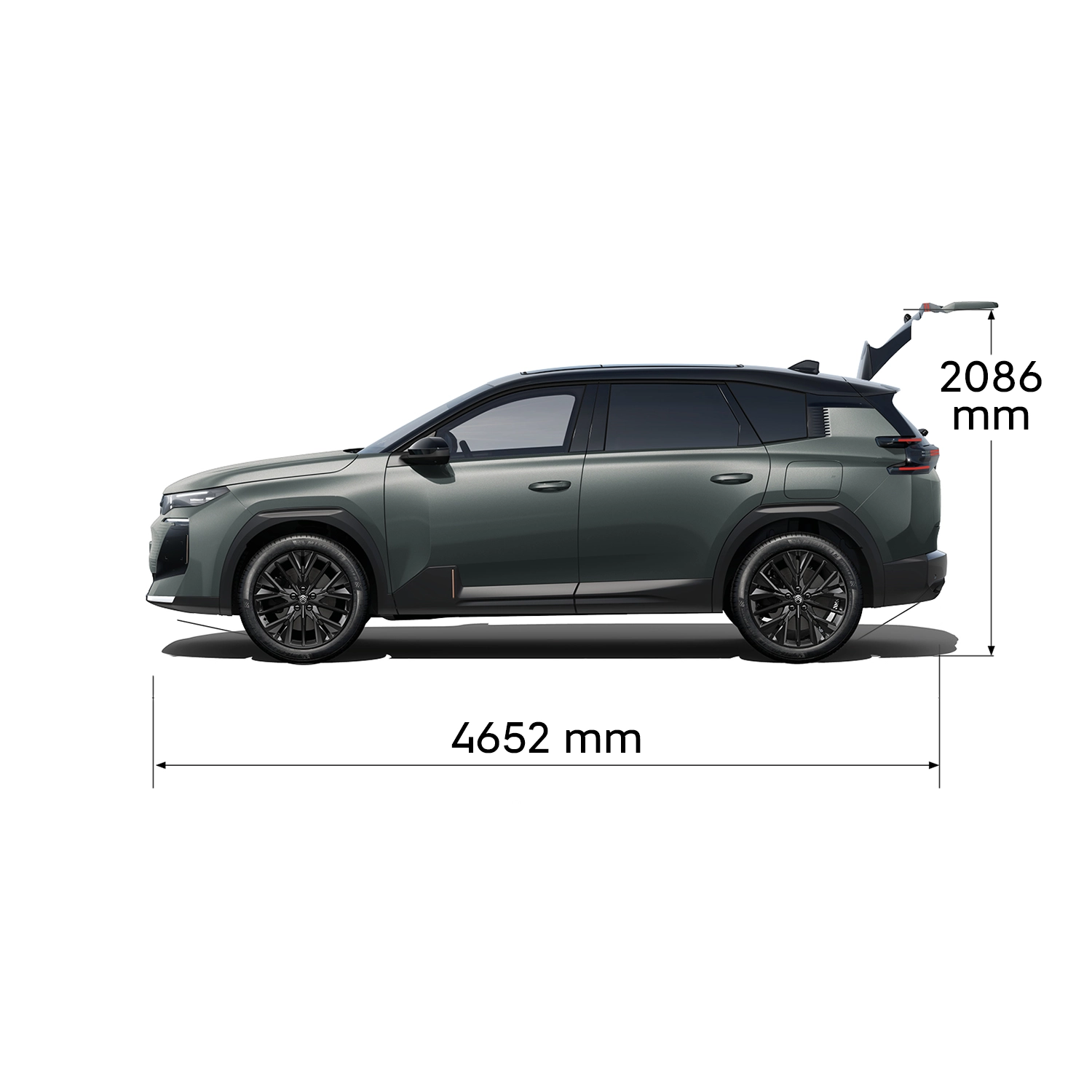 Scheda dimensioni tecniche della C5 Aircross con viste frontale, posteriore, laterale e dall'alto con le misure esterne e i volumi del bagagliaio