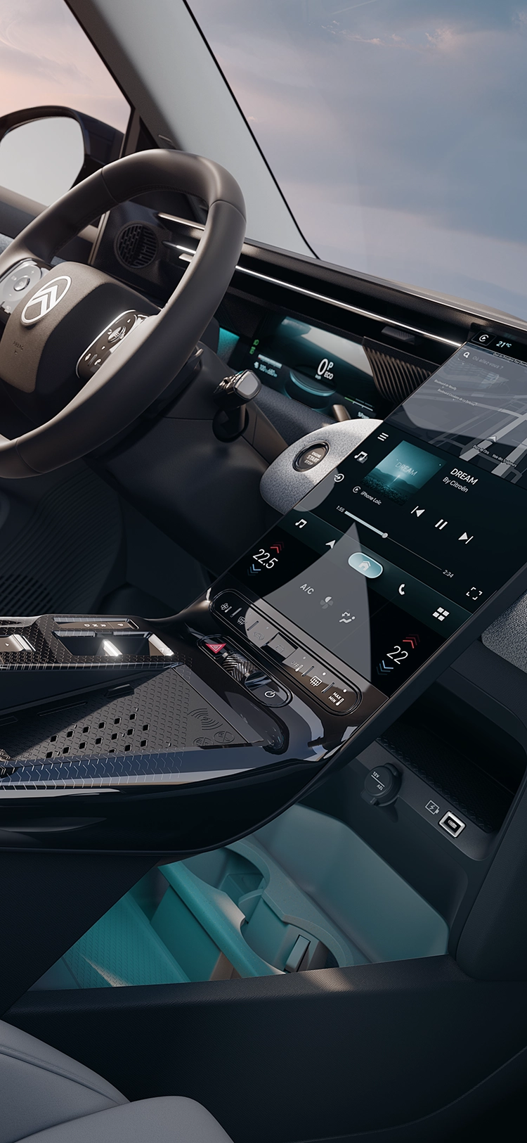Dettaglio dell'abitacolo Citroën C5 Aircross Emeraude mostra lo schermo Citroën Waterfall con navigazione 3D e connettività, praticità connessa del SUV familiare