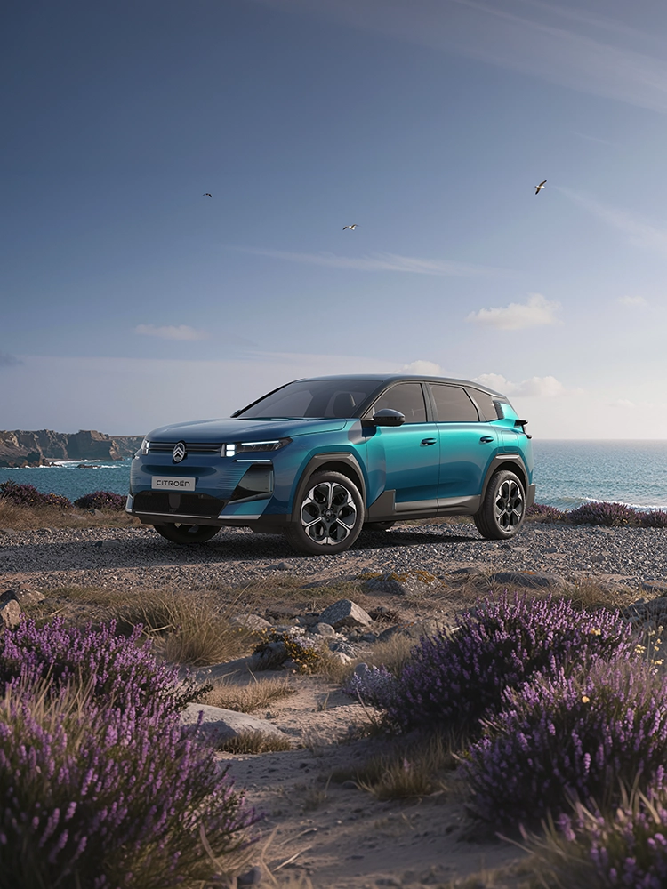 Vista anteriore a tre quarti Citroën C5 Aircross Emeraude Firma luminosa LED Citroën e design audace, SUV familiare