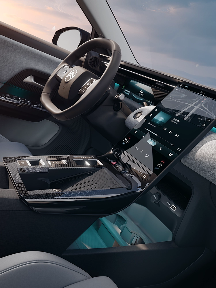 Vista ravvicinata dello schermo Waterfall Citroën C5 Aircross Emeraude mostra il touchscreen Waterfall di C5 Aircross con sistema di navigazione, esperienza connessa del SUV familiare
