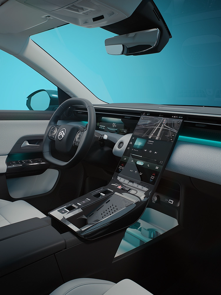 Vista interna lato guida Citroën C5 Aircross Emeraude mostra lo schermo Waterfall e l'abitacolo di C5 Aircross, praticità connessa del SUV familiare