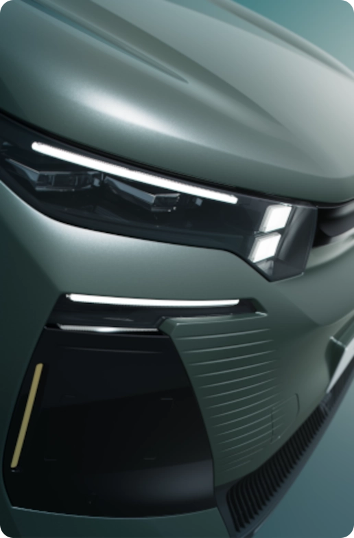 Vista di dettaglio frontale della ë-C5 Aircross che mette in evidenza la tecnologia best-in-class, la sicurezza, la visibilità e il design moderno premium