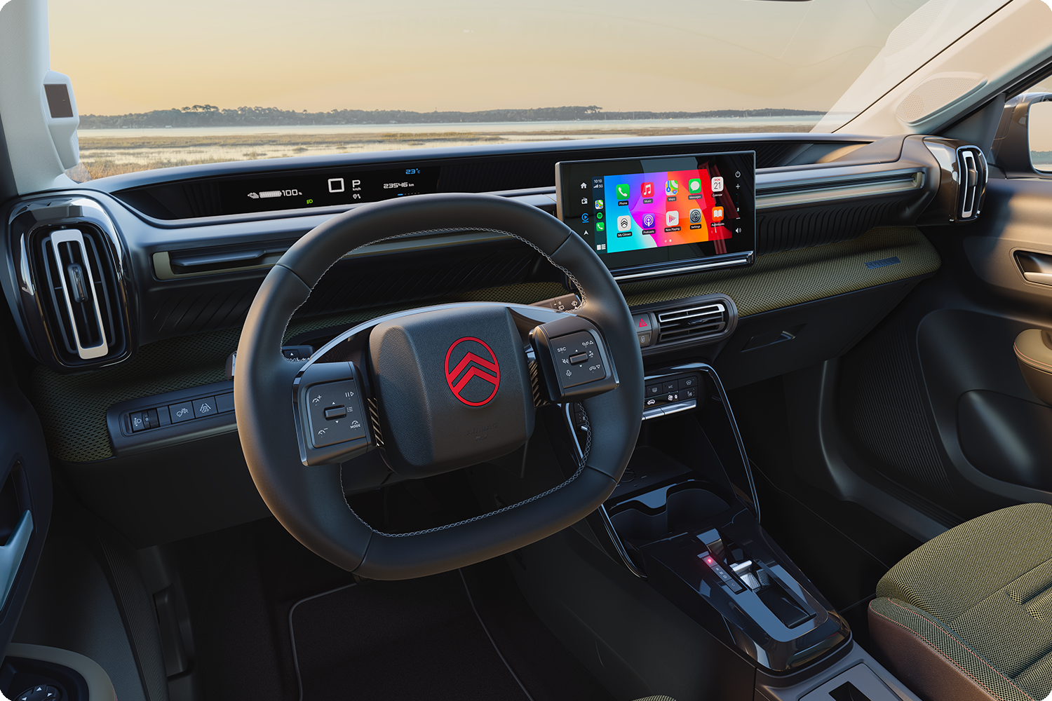 Primo piano della plancia di Citroën C3 Outdoor: il touchscreen offre la connettività Advanced Comfort per i viaggi a bordo di un SUV compatto
