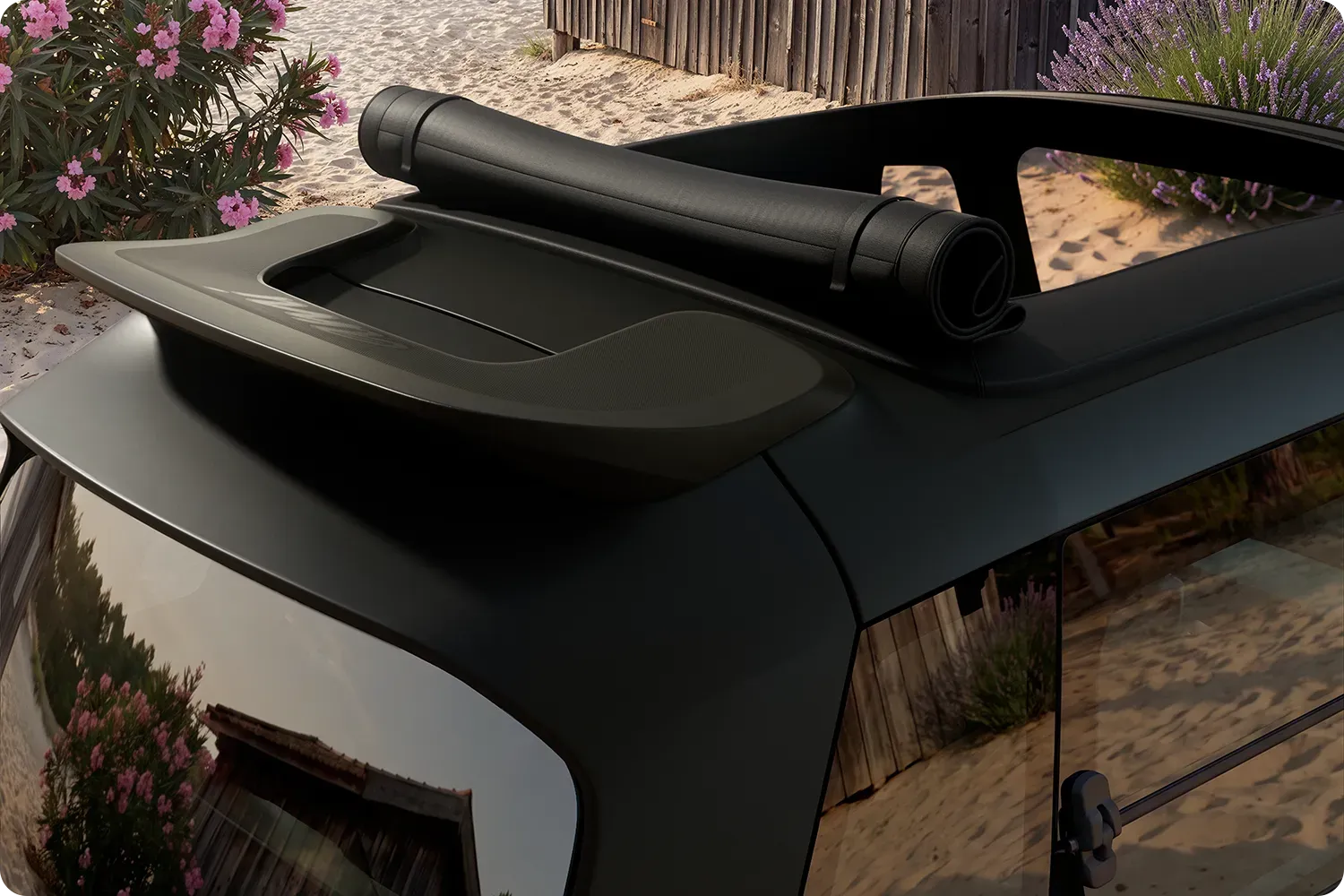 Primo piano del portapacchi di Citroën Ami Outdoor, dal design compatto, elettrico e accessibile, con soluzioni di carico innovative per le avventure all’aria aperta