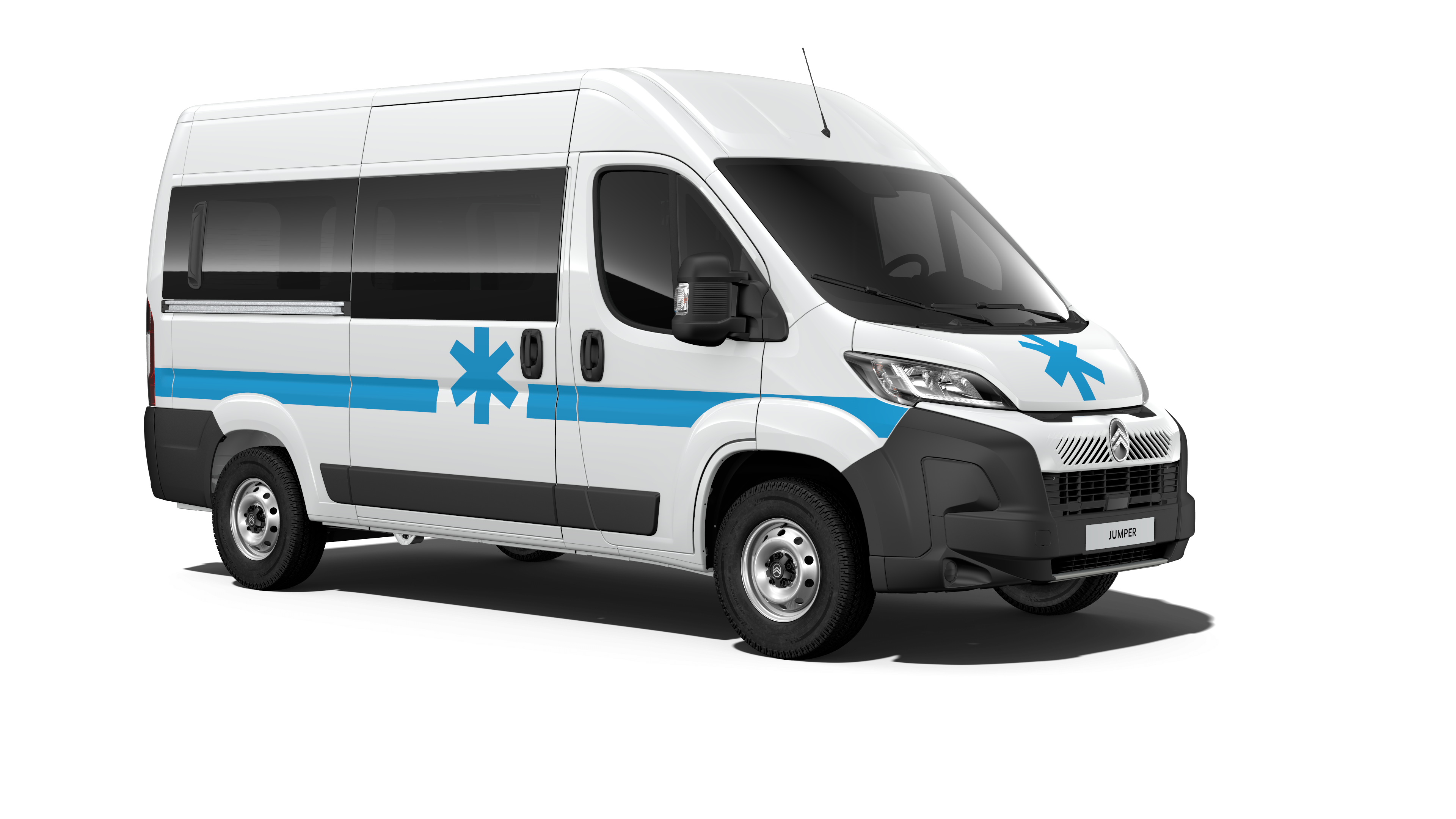 Front three-quarter view of a Citroën van in white with blue graphic accents, highlighting its exterior design.